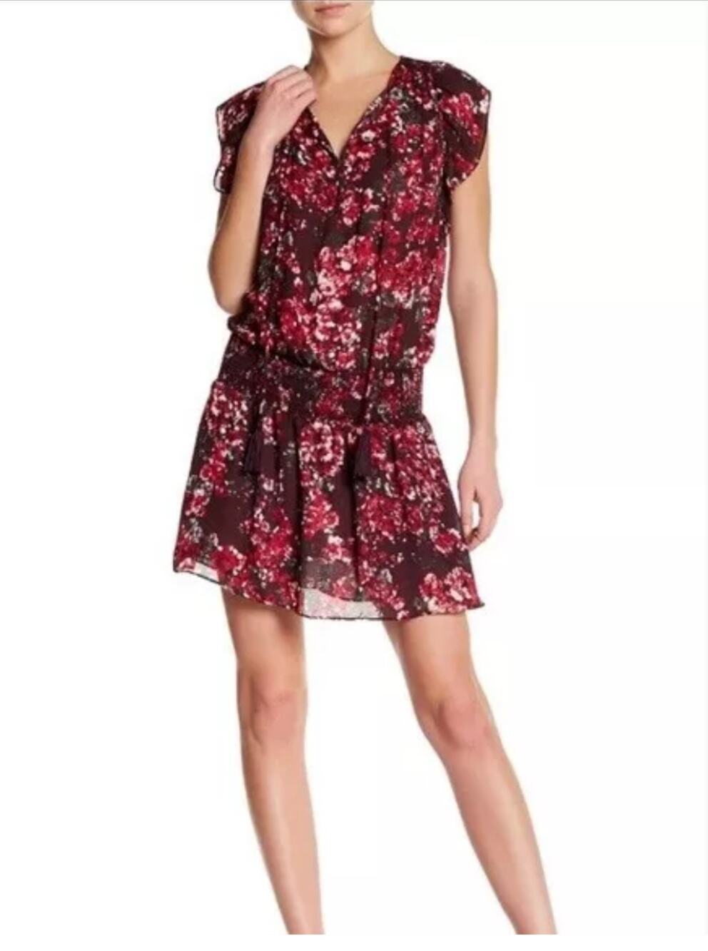 Parker Chiffon Smocked Waist Flutter Sleeve Mini Dress Red Floral Print S